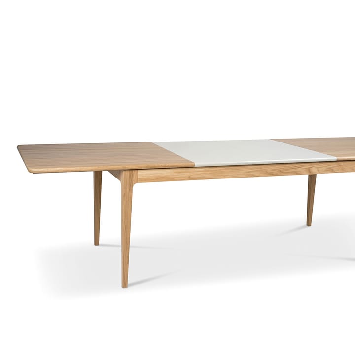 Höllviken spisebord, Eik hvitpigmentert mattlakk-1 ilegg-beige mdf á 50 cm Mavis