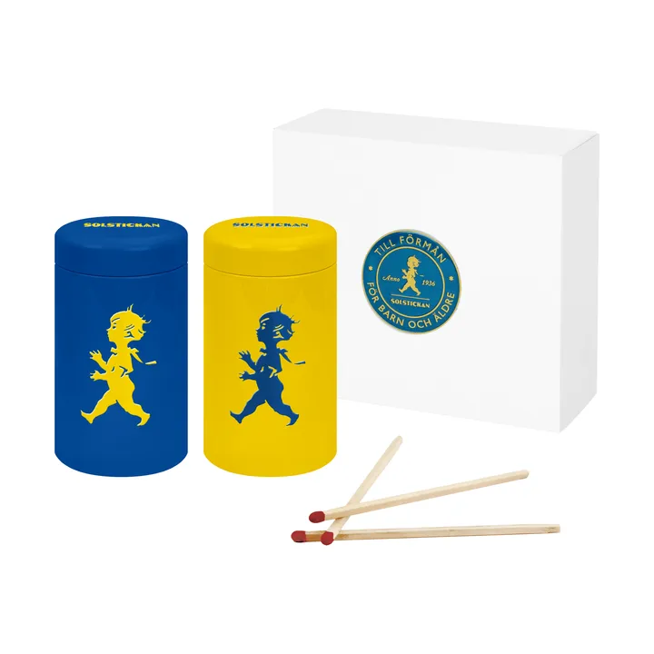 Solstickan fyrstikkrør 2-pack gaveeske - Gul, blå - Solstickan Design
