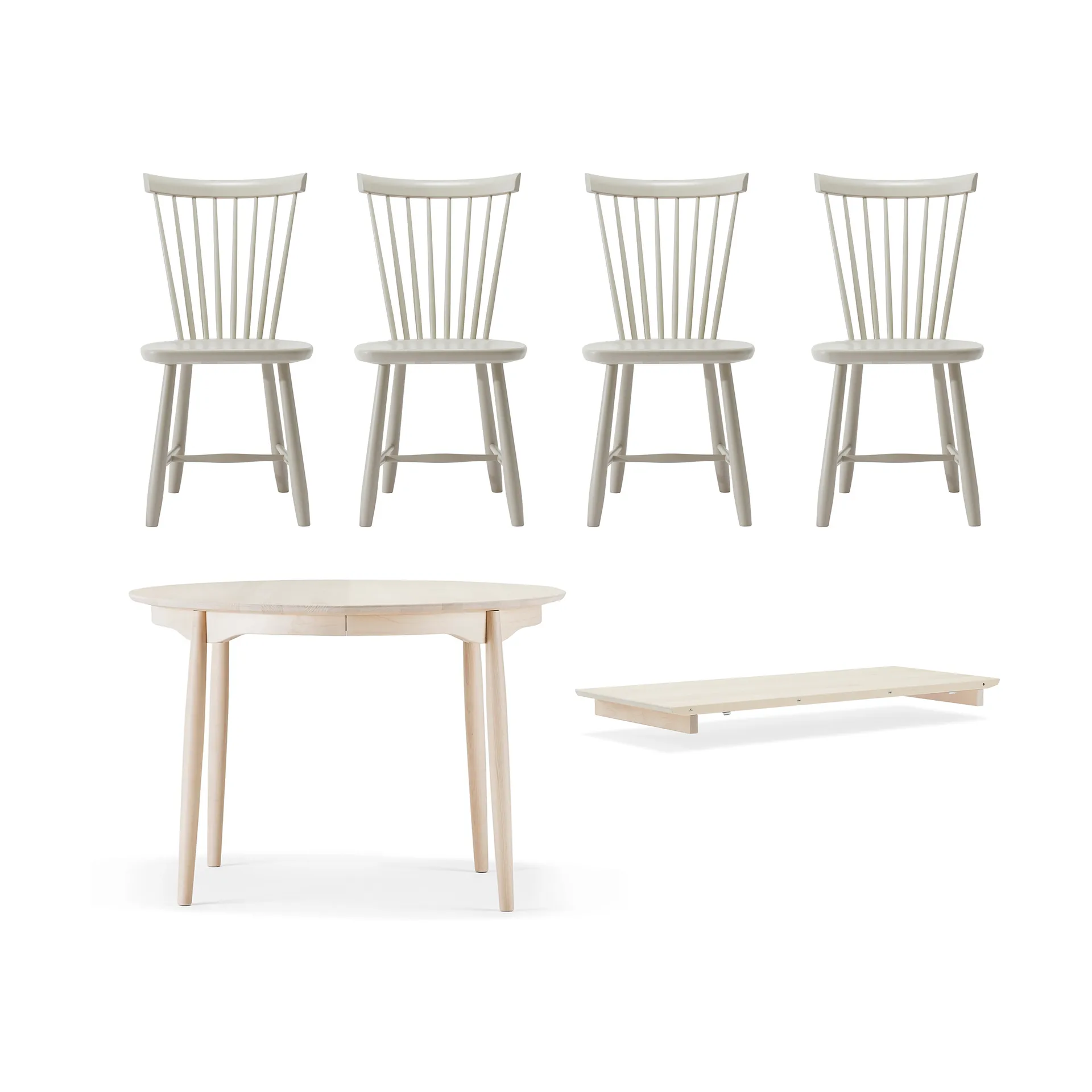 Carl spisebord Ø115 & ilegg + Lilla Åland stol 4-pakning – Lys bjørk–beige,  Stolab