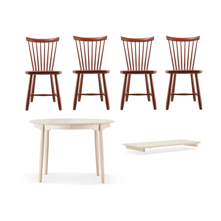 Carl spisebord Ø115 & ilegg + Lilla Åland stol 4-pakning – Lys bjørk–falurød - undefined - Stolab