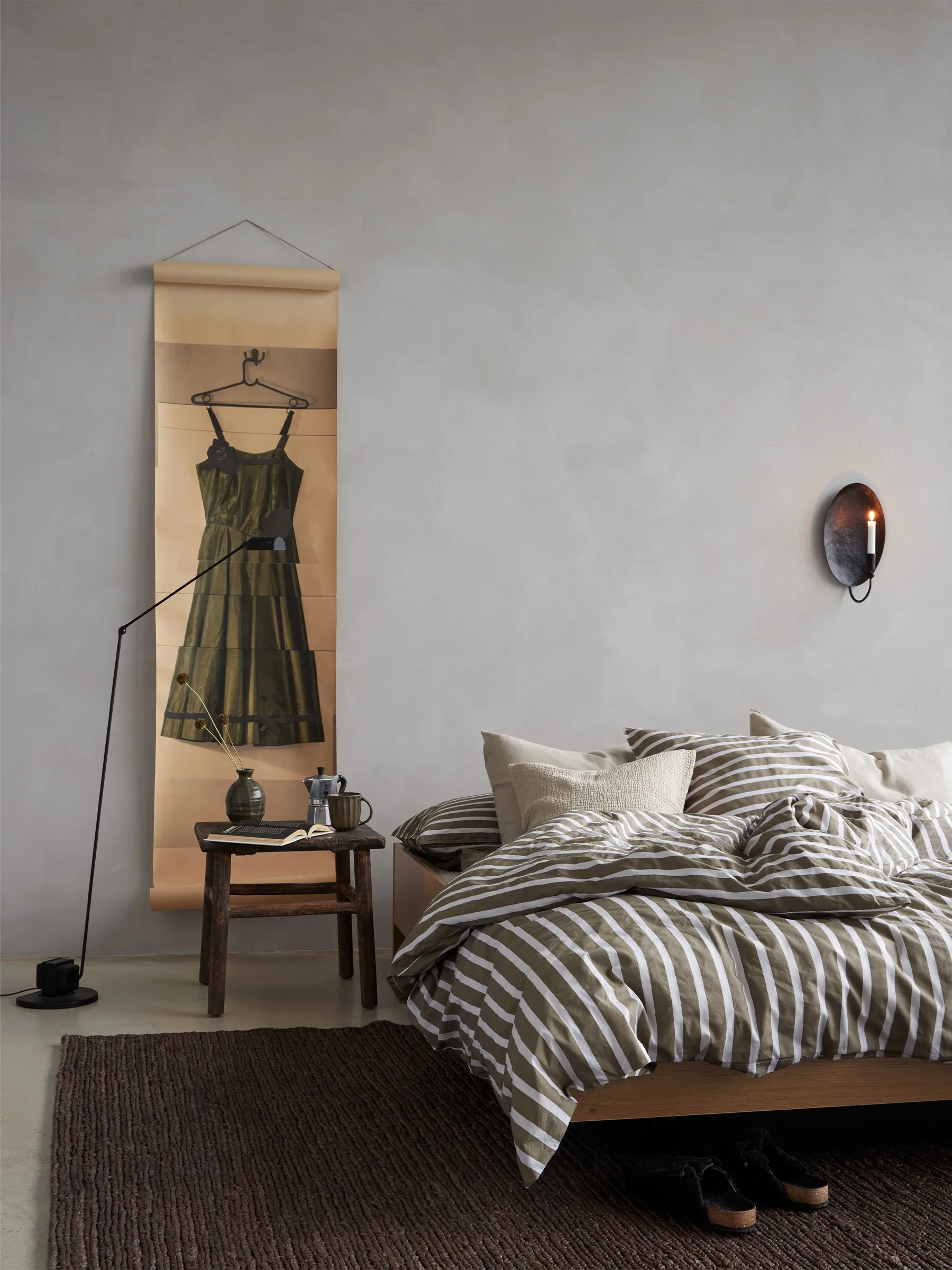 Tell Me More stripet dynetrekk bomull, Olive, 150x200 cm Tell Me More