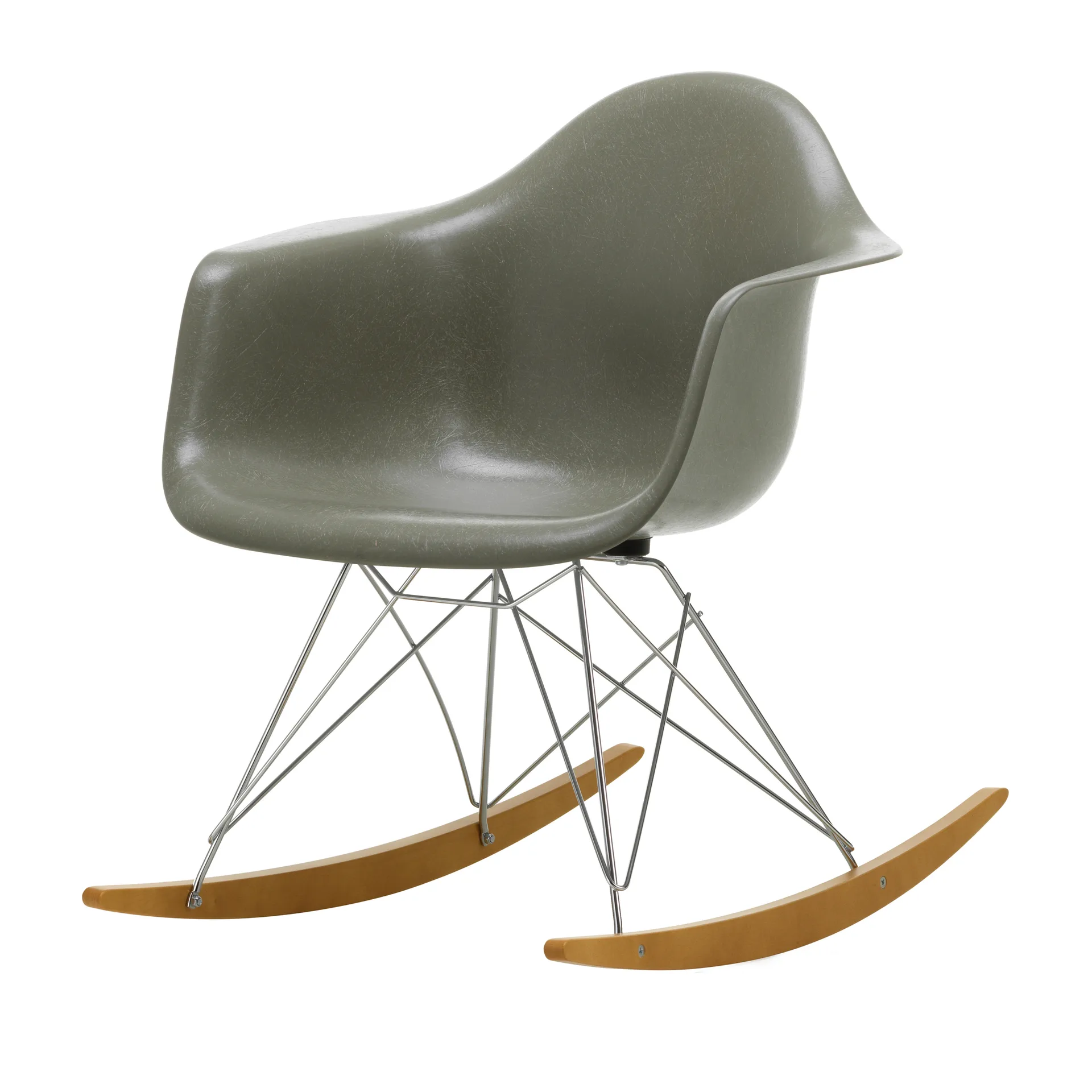 Eames fiberglass armchair RAR gyngestol lønnmedar, Raw umber-Chrome Vitra