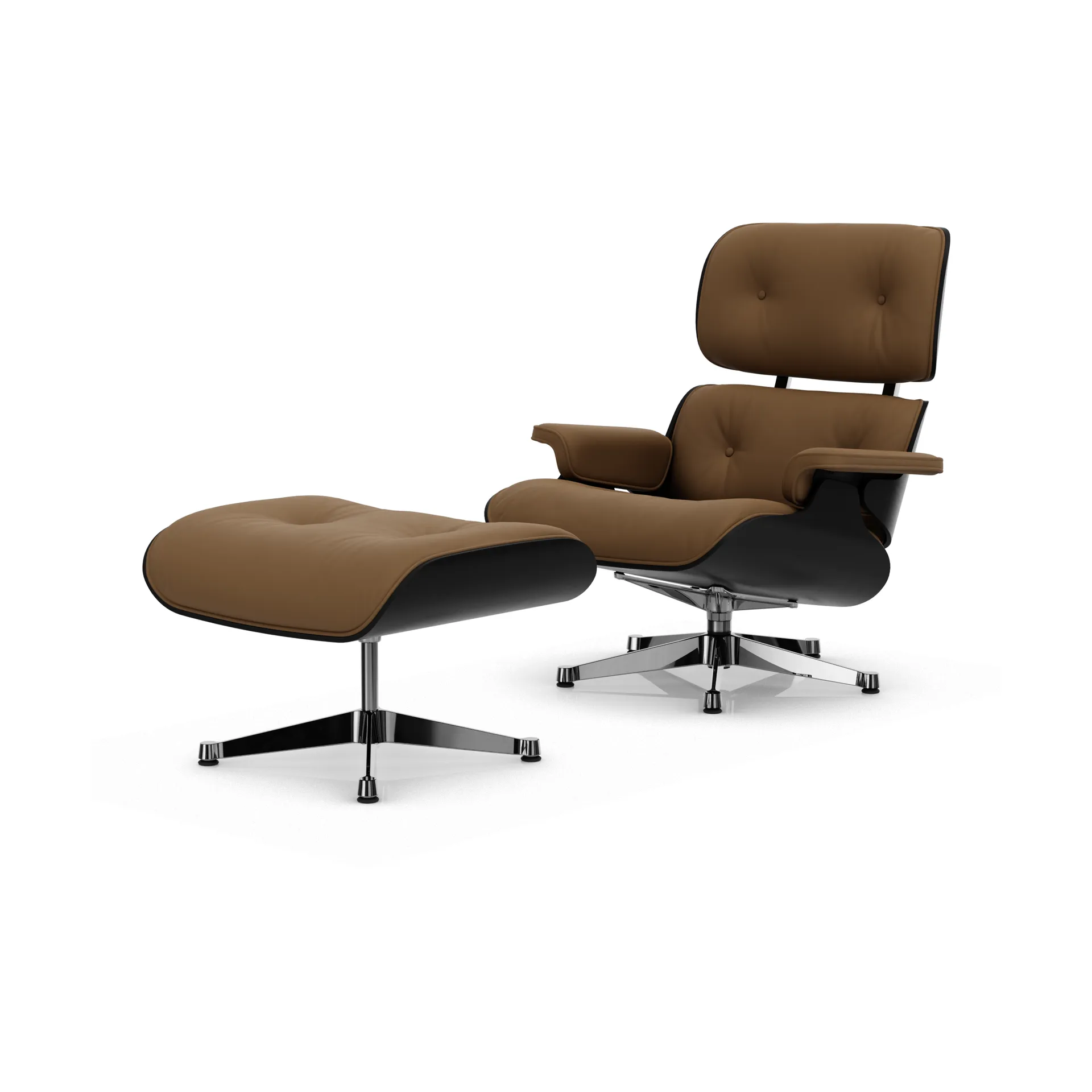 Eames Lounge Chair & Ottoman new dimension, 75 Camel-27 kastanj svart-pol. stål Vitra