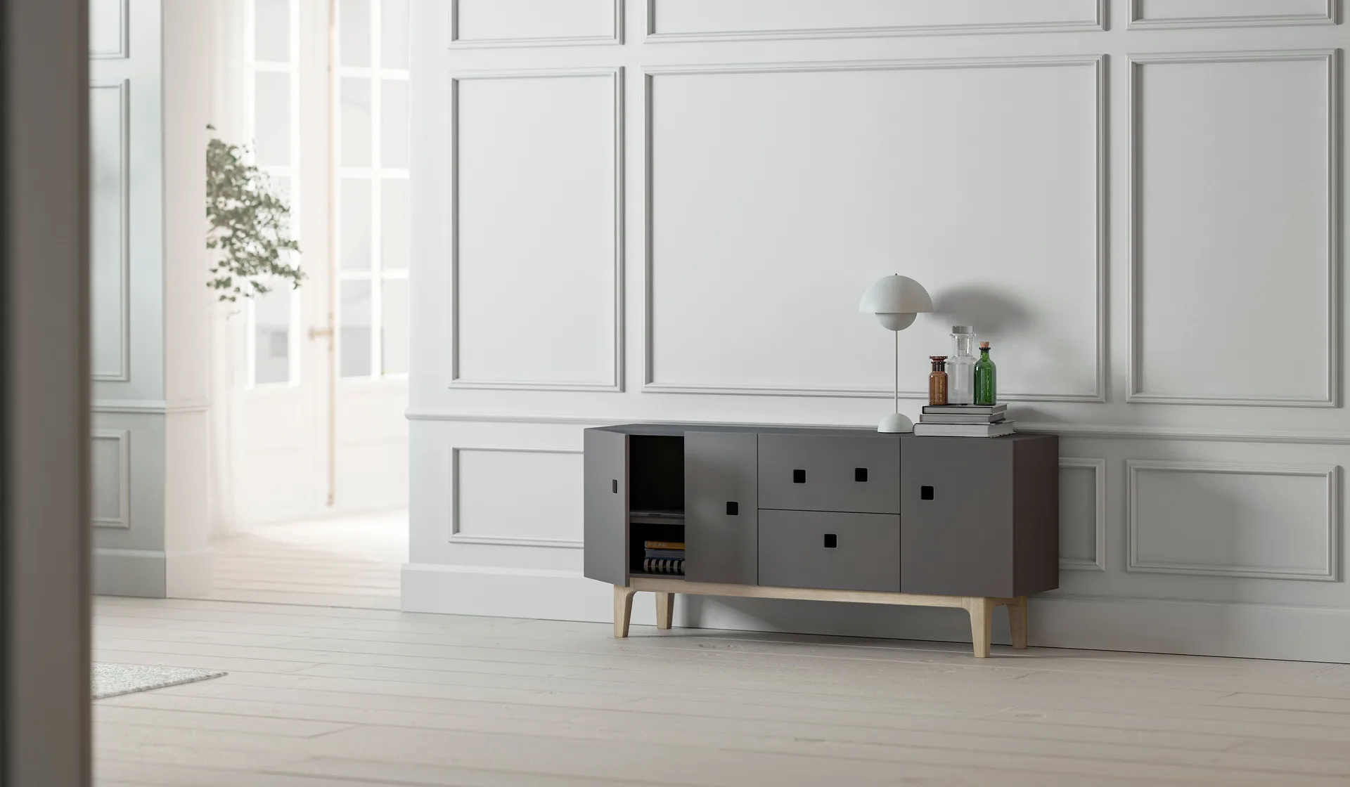 Peep M2 mediabenk, slate grey, hvitpigmentert eik Zweed