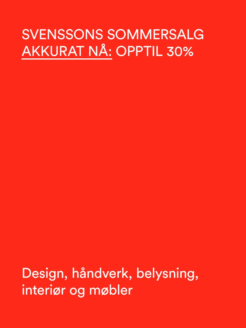Rød banner med hvit tekst: "Svenssons Sommersalg, akkurat nå: opptil 30%". Tilbud på design, håndverk, belysning, interiør og møbler.