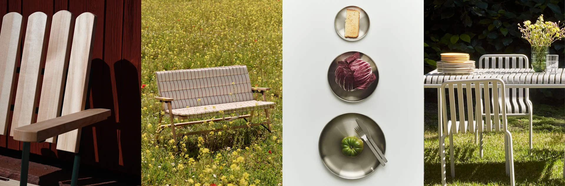 Flerpanelbilde: trestol ved rød vegg, stripet benk i blomstereng, tre tallerkener med mat, og utemøbler på gress.