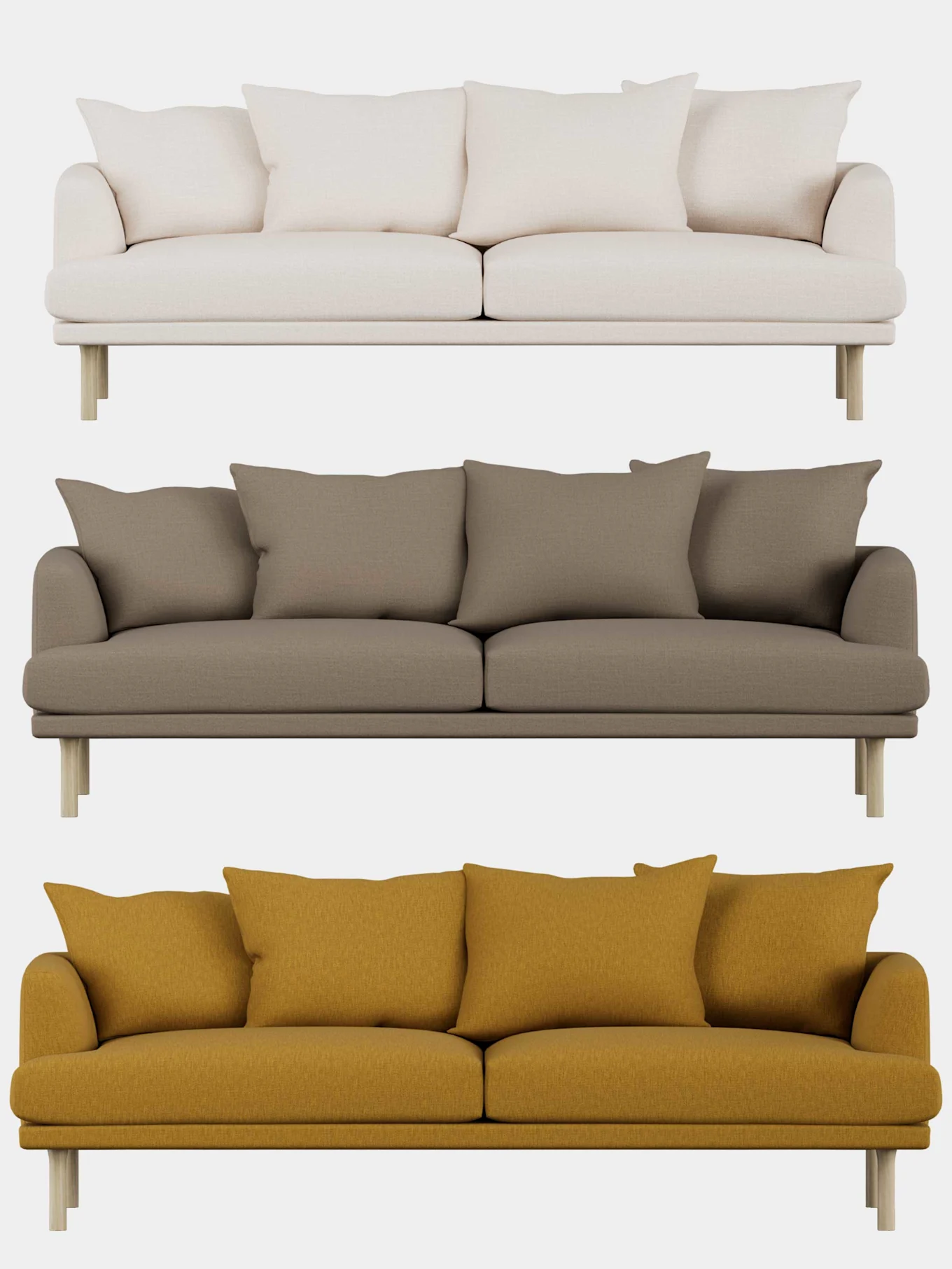 Tre sofaer i beige, brun og sennepsgul. Hver sofa har tre sitteputer, fem ryggputer og lyse treben.