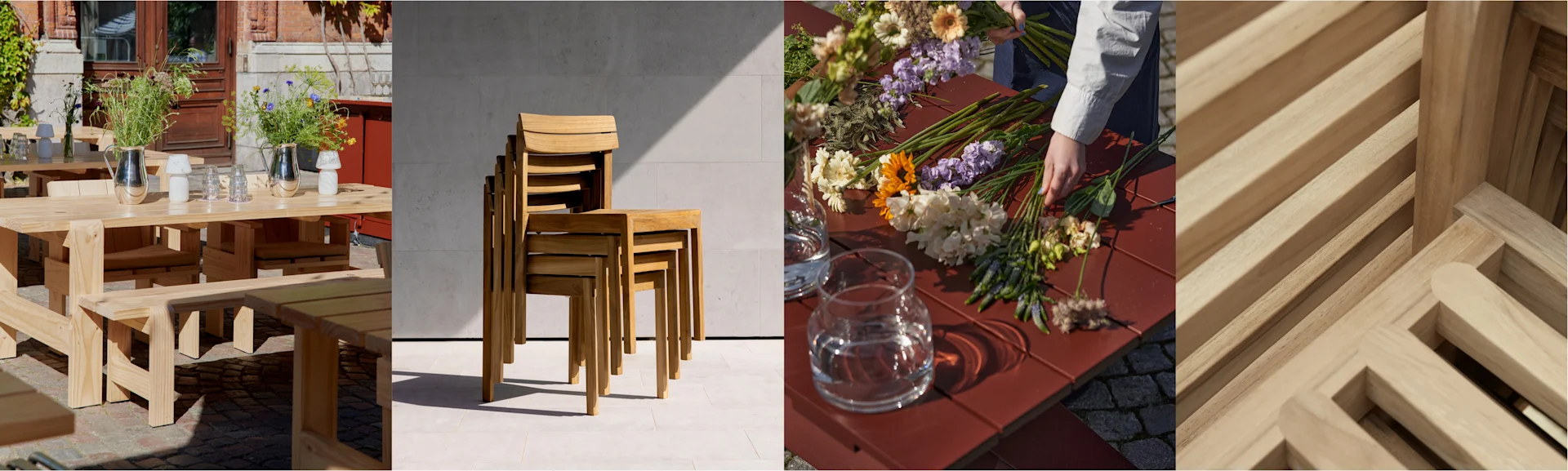Kollasj med utemøbler: trebord, benker, stablede stoler og nærbilder av trestaver, med blomsterdekorasjoner.